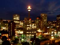 View of Calgary from Suzy's suite, fire on tower